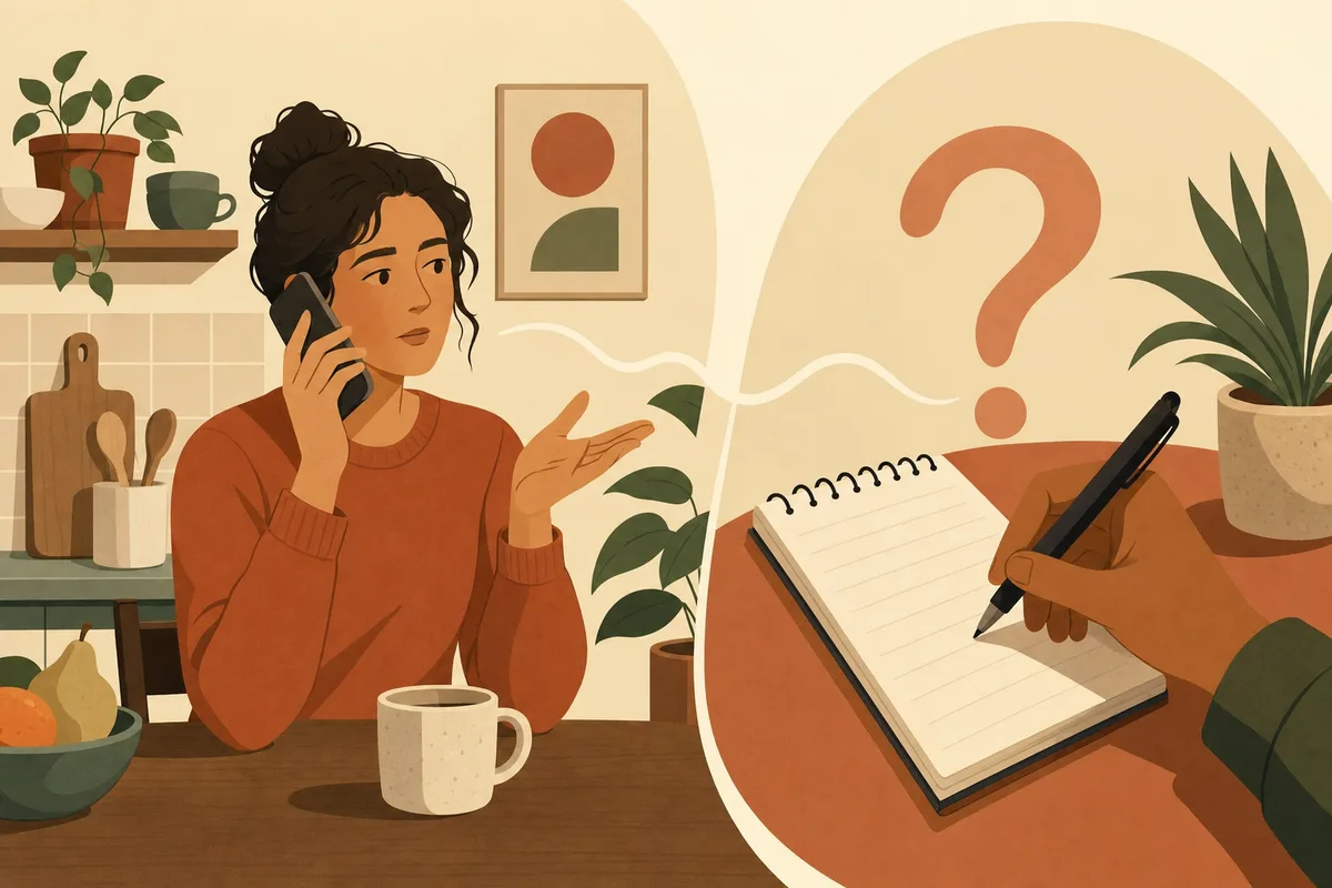 Hình minh họa một người đang đánh vần tên qua điện thoại trong khi đầu dây bên kia ghi lại và vẫn chưa chắc chắn