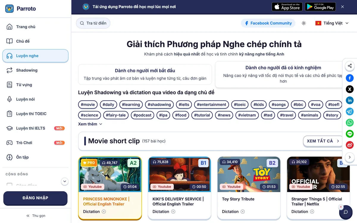Trang nghe chép chính tả của Parroto với các bài theo video