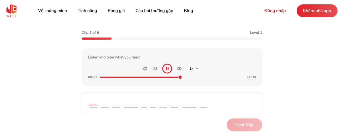 Giao diện nghe chép của WELE: trình phát cắt theo câu và ô điền từng từ